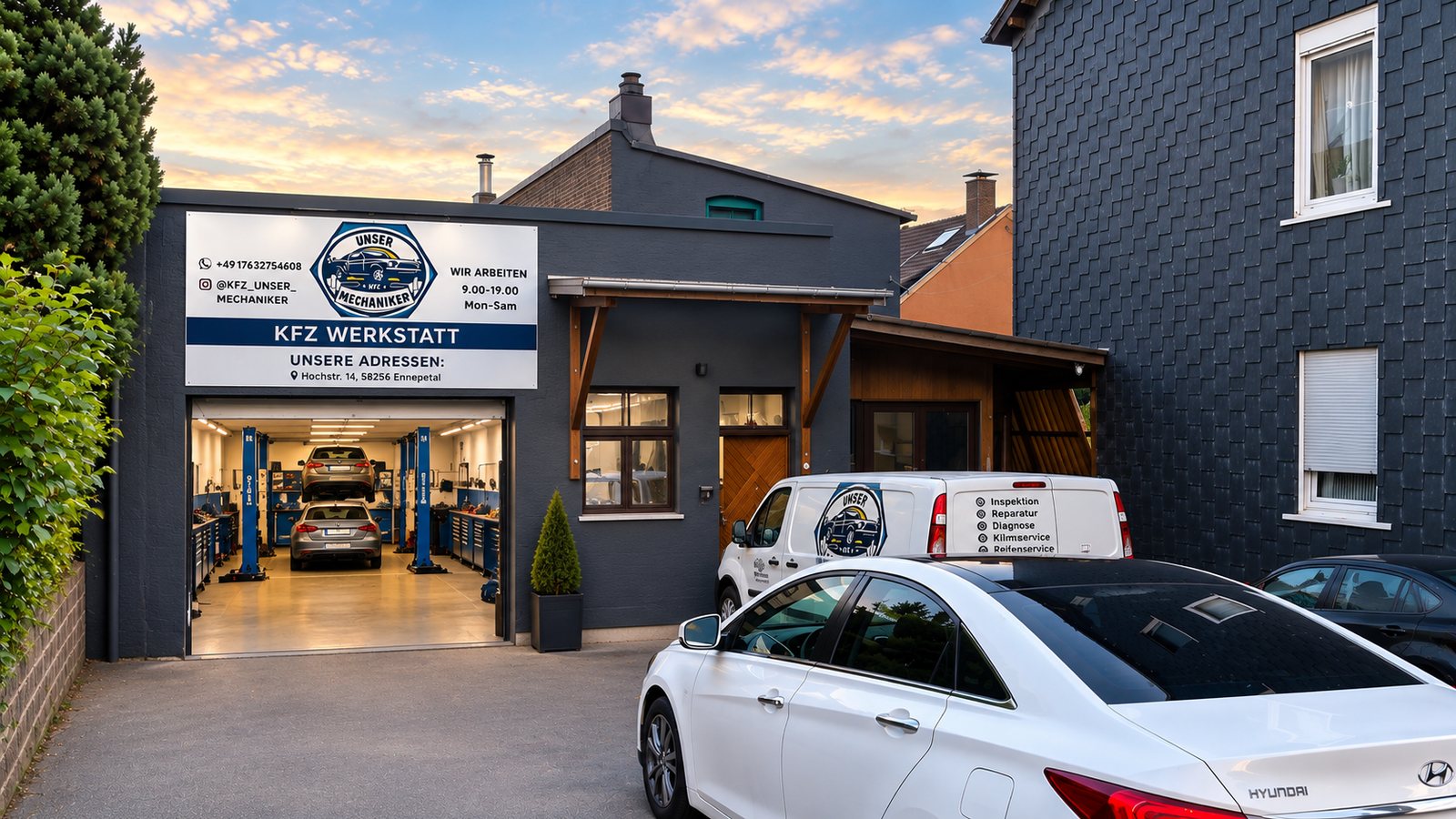 Kfz-Werkstatt Unser Mechaniker in Ennepetal, Hochstraße 14 – Außenansicht mit geöffneter Werkstatthalle